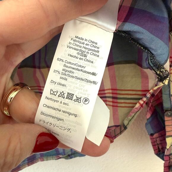 J.CREW Classic Plaid Shirt Blue Pink Green Silk Blend M Preppy Cottagecore - Picture 5 of 5